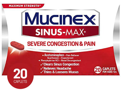 Mucinex Sinus-Max Severe Congestion & Pain Relief Maximum - Acetaminophen, Phenylephrine & Guaifenesin, 20 Count
